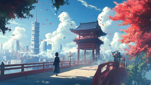 Solitary figure facing red pavilion above modern cityscape.