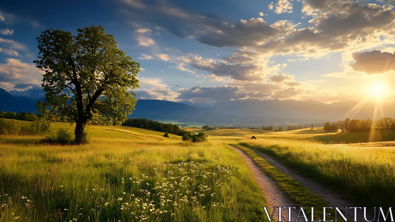 Golden country lane glowing softly in the evening sun.