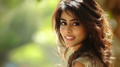 Young woman in soft outdoor light with blurred foliage background.