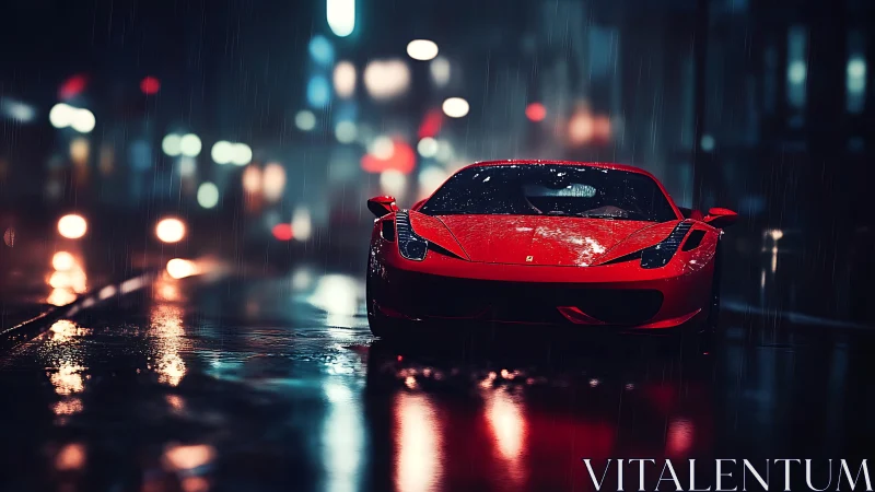 Scarlet supercar waits like a coiled spark in neon rain