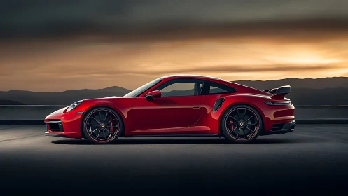 Red performance coupe in cinematic sunset side profile.