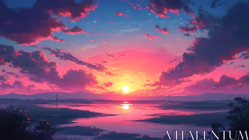 Radiant sunset ignites a tranquil lake beneath painted clouds