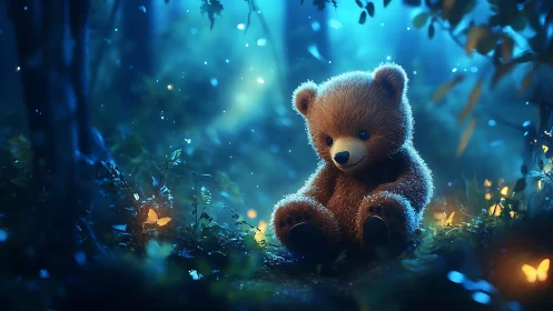 Soft plush teddy bear illuminated in bioluminescent forest glow