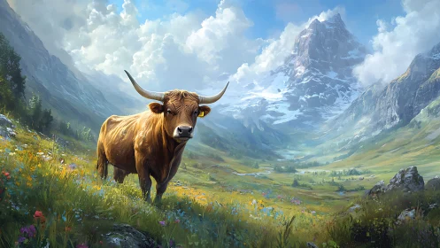 Longhorn cow stands in alpine meadow below snowy peak