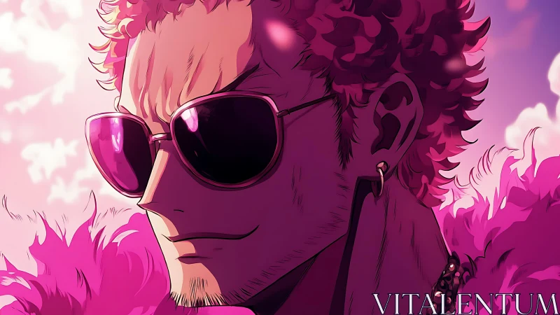 Pink-lit anime antihero wears mirrored shades, smirks.