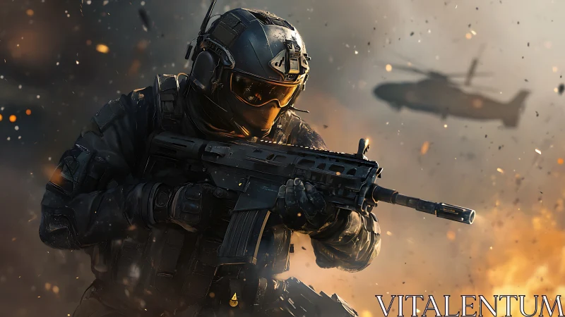 Armored soldier advances through explosive battlefield chaos