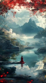 Solitary figure mirrors silent peaks across still lake.