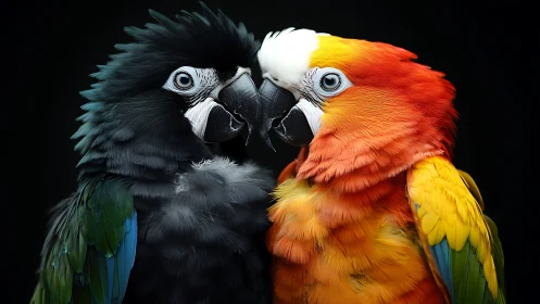 Vibrant Close-Up of Two Macaws on Black Background, Photorealistic.