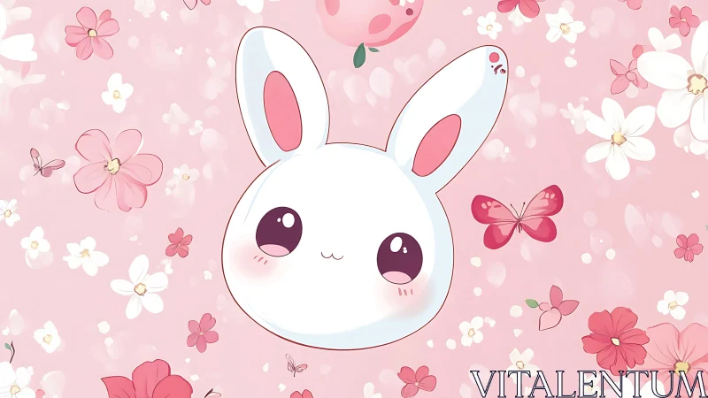 Kawaii bunny head amid pastel blossoms and butterflies.