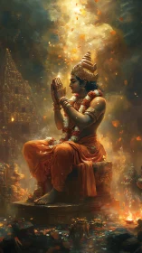 Divine figure sits in radiant temple light amid swirling petals.