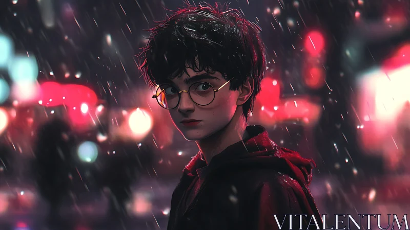 Young figure in rain stands before defocused urban lights