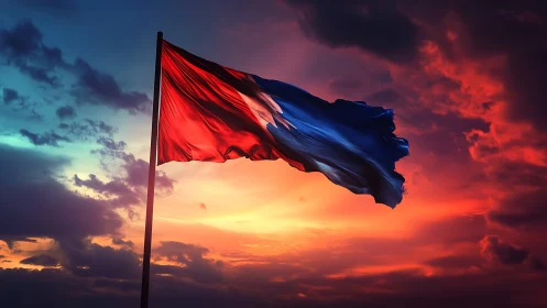 Dramatic tricolor flag rippling against blazing sunset sky.