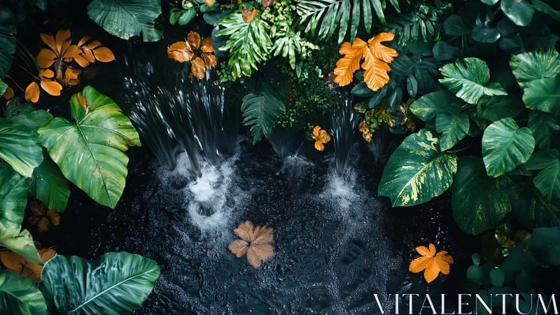 Golden jungle leaves orbit a hidden midnight pool in motion