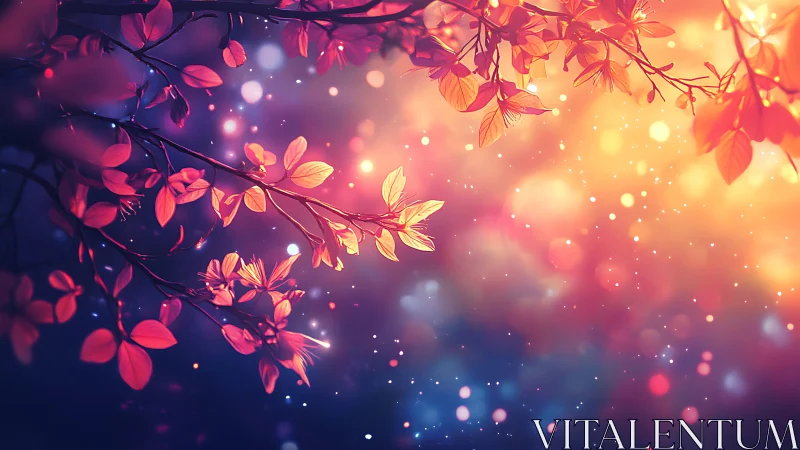 Glowing pink foliage against colorful dreamy bokeh sky.