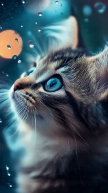 Cat with Blue Eyes Looking Upward in Ethereal Light.