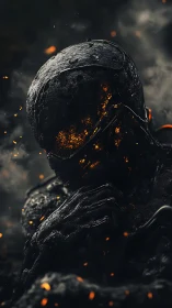 Volcanic cybernetic golem with molten core and ember sparks