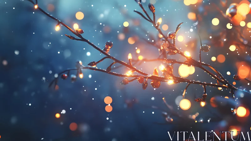 Snowlit berry branches tangled in warm winter bokeh glow.