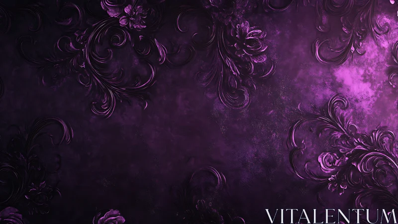 Ornate purple baroque floral scrolls on textured background.