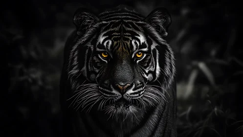 Midnight tiger portrait with luminous amber eyes in shadow.