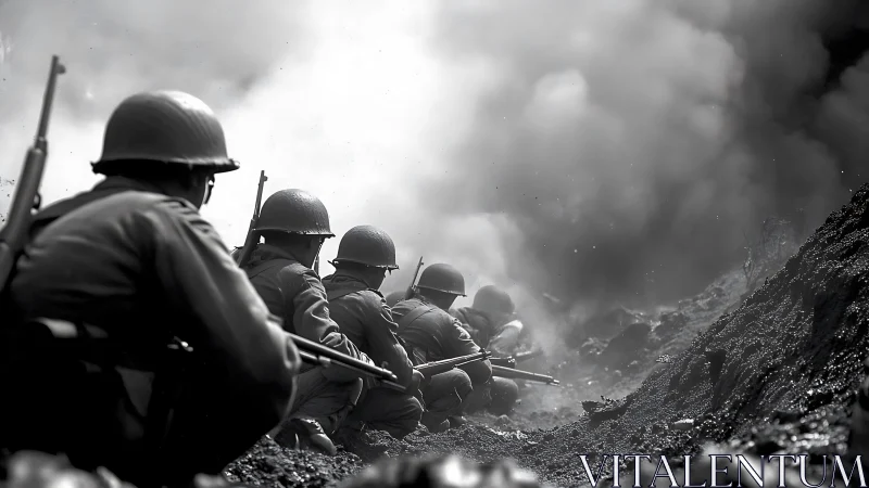 Helmets in the ash storm, soldiers swallowed by rising smoke.