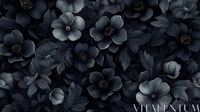 Dark monochromatic floral composition with textured petals and detailed centers