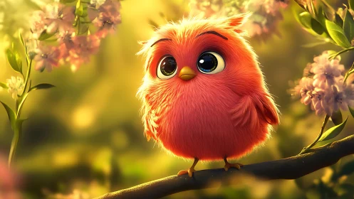 Adorable Cartoon Pink Bird on Blossom Branch, Soft Lighting.