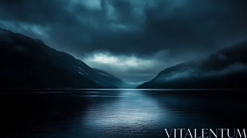 Moody fjord under stormy clouds glows with cold blue light