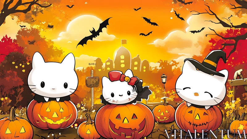 Digitally Rendered Kawaii Feline Characters in Jack-O'-Lantern Pumpkins Against Autumn Landscape