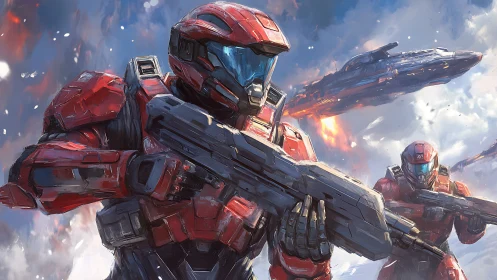 Armored space marines advance under burning orbital warships