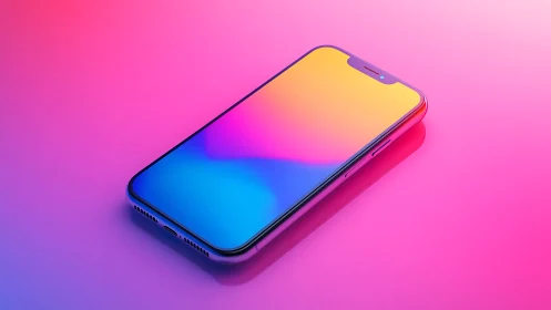 Modern smartphone with vibrant gradient display against neon backdrop.