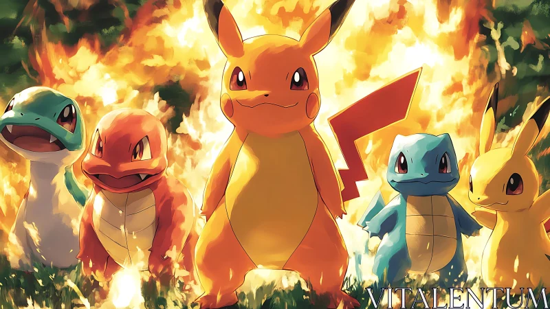 Fiery Pokémon squad strides through blazing golden inferno.