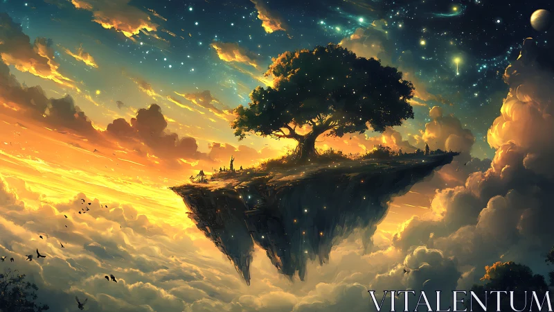 Floating island carries lone tree above clouds at twilight