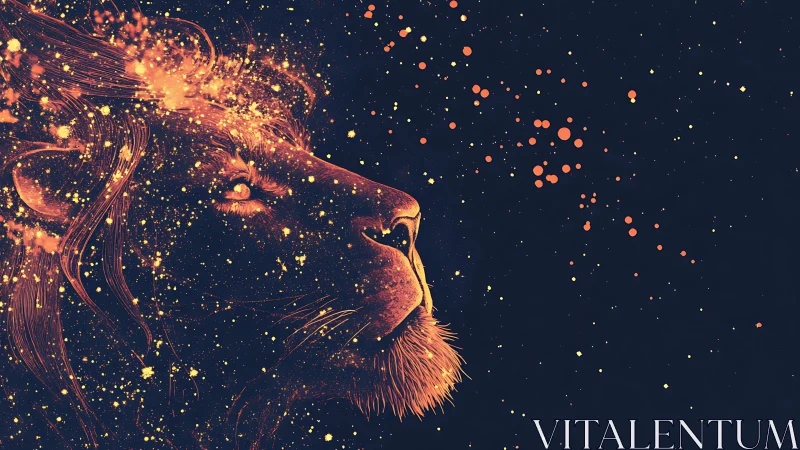 Starlit lion gazes into a glowing night sky of sparks