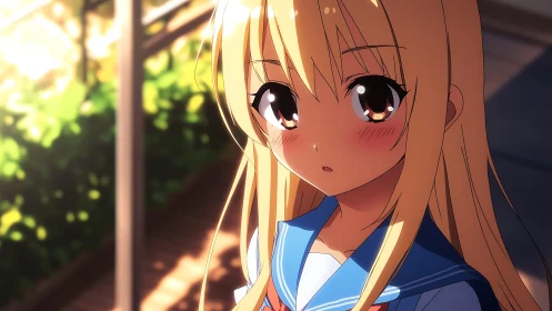 Blonde anime schoolgirl in uniform under warm sunlight.