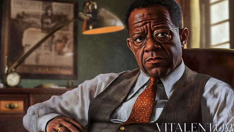 Intense office portrait of man in vest under warm lamp glow.