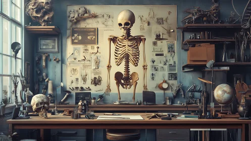 Human skeleton in anatomical study room with research tools.