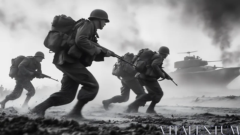 Grit-soaked soldiers sprint into smoke as steel giants loom