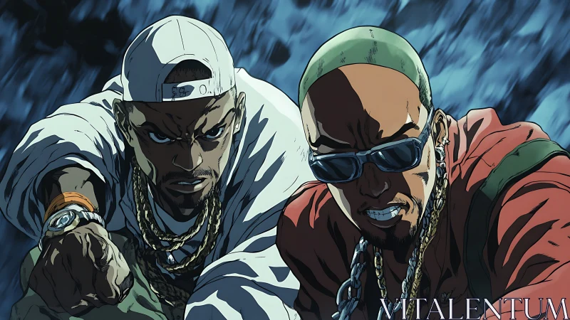 Dynamic hip-hop duo in high-motion anime street perspective