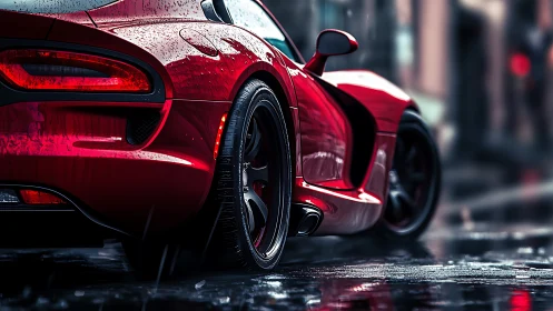 Rear three-quarter view of red sports car on wet street.