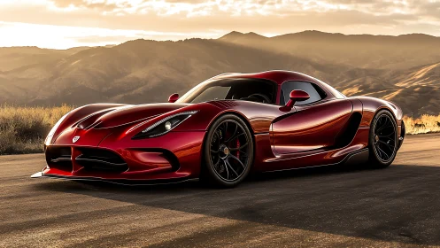 Crimson supercar drinks the sunset along a mountain road