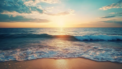 Sunlit waves whisper over pastel shorelines at dusk.