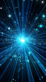 Radial blue light burst with linear beams and particles.