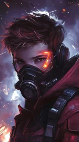 Neon-eyed wasteland scout in ember-lit cyberpunk dusk.