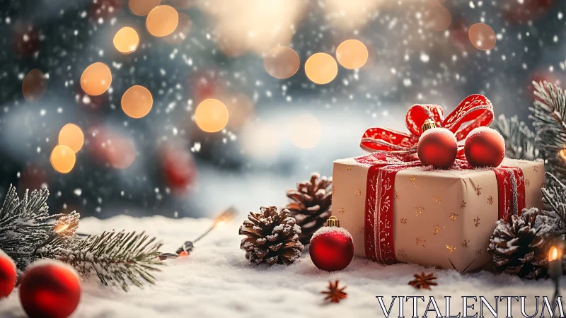 Snowy Christmas gift glows softly with cozy holiday warmth
