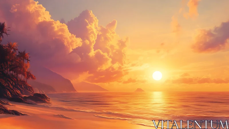 Golden sunset warms a peaceful tropical beach horizon