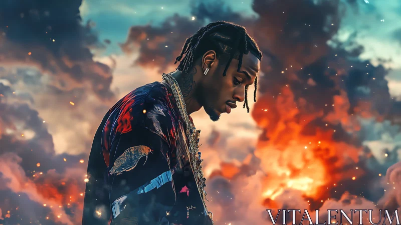 Pensive rapper stands against fiery cosmic cloudscape.