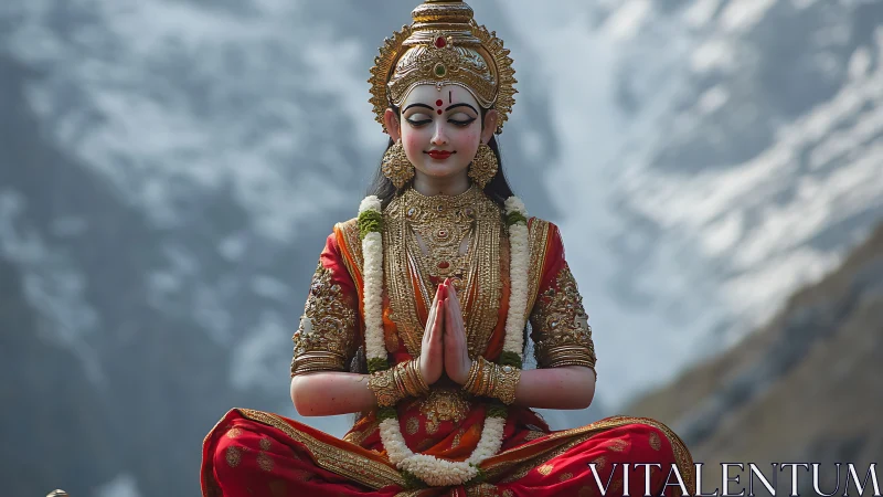 Divine woman statue in lotus pose before mountain backdrop.