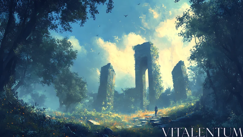 Lone explorer crossing sunlit ruins in misty forest glade.