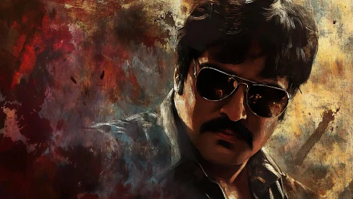 Textured digital portrait of man with sunglasses in grunge palette