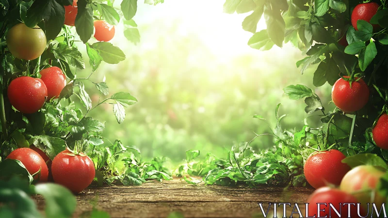 Ripe red tomatoes on garden vines around sunny opening.